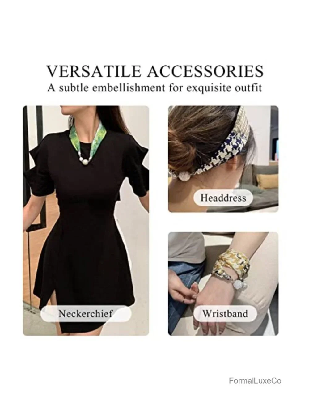 Women Magnetic Silk Scarf Necklace with Rhinestone Buckle Fashion Neckerchief